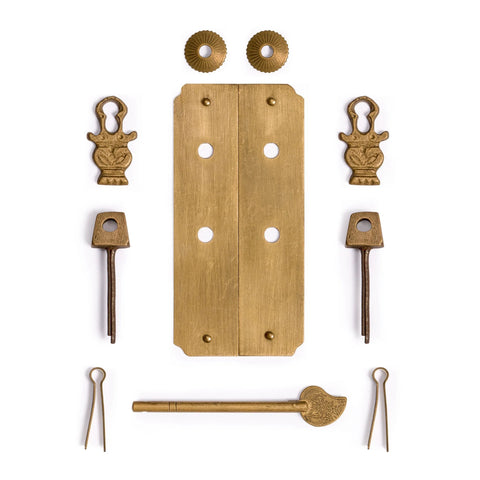 Brass Round Corner Cabinet Backplate Strip 4.1 Inch Overall Assembly With Pull, includes decorative brass and iron hardware parts.