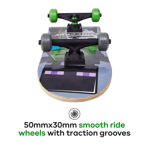 Front view of Minecraft Mob 31 Inch Skateboard with 9-ply maple deck, showing black and green wheels and graphic design.