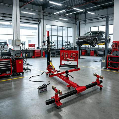 Auto Body Frame Straightener With 3 Ton Air Jack in repair shop for collision repair, dent removal, and undercarriage access