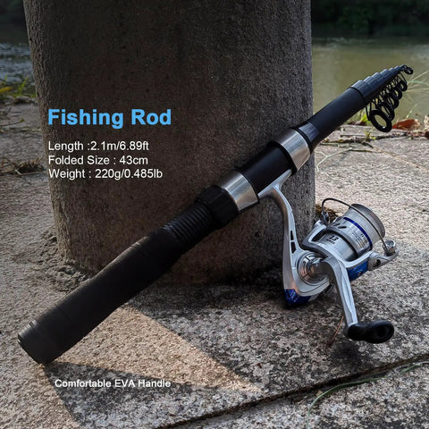All In One Fishing Gear Kit With 2 Telescopic 6.89 Ft Rods; close-up of rod and reel on ground; focus on EVA handle