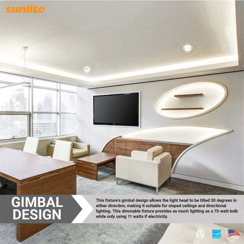 Living room with Gimbal LED Recessed Downlight Fixture 5 To 6 Inch, 11W, 1100 Lumens, Color Temperature Selectable, ceiling view.