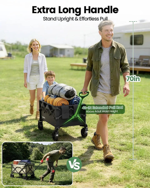 Family using Foldable Utility Wagon With 42 Inch Telescoping Handle And All Terrain Wheels for outdoor activities; rolling it loaded with gear.