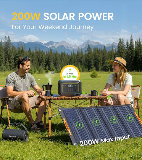 Couple camping with On The Go Portable Power Station 296Wh Backup Battery With 20ms UPS 300W Pure Sine Wave AC Outlet on table