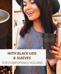 Woman holding 16 Oz Disposable Coffee Cup With Lids And Sleeves, Pack Of 100, brown and black, designed for hot coffee takeout.