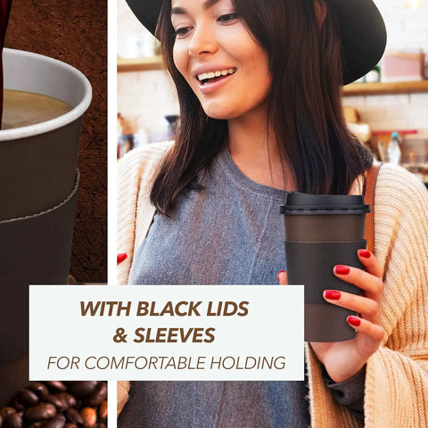Woman holding 16 Oz Disposable Coffee Cup With Lids And Sleeves, Pack Of 100, brown and black, designed for hot coffee takeout.