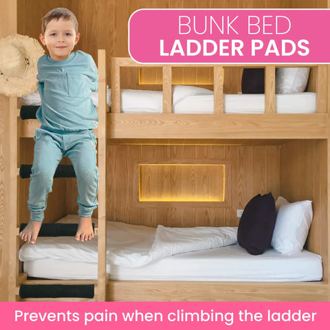 Child using Foot Friendly Bunk Bed Ladder Pads with soft brushed fabric and anti slip dots, 10x10 inch, black, set of 4