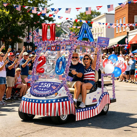 Fourth Of July Golf Cart Decorations Kit For 250th Anniversary Parade with USA 250 balloon and red, white, blue decor