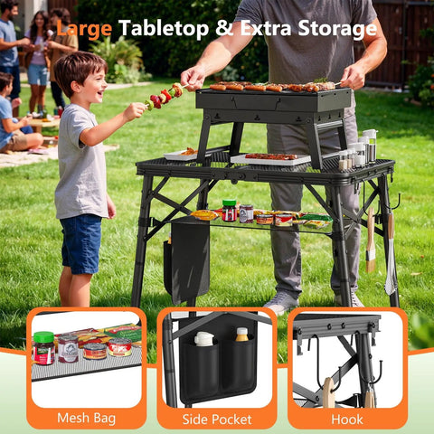 Portable Folding Grill Table With 3 Level Adjustable Height For Outdoors, Lightweight Aluminum Camping Table with mesh bag in use.