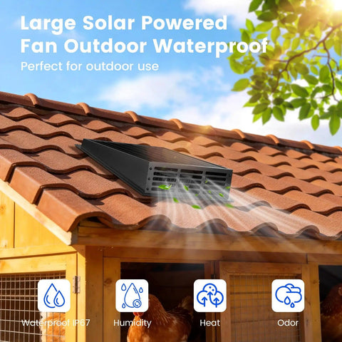 Solar Powered 25W Exhaust Fan For Chicken Coop And Greenhouse 430CFM Cooling on roof under sunlight