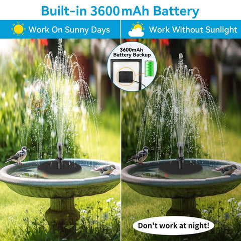 8W Solar Water Pump With Built In 3600mAh Battery Backup For Bird Bath Pond And Garden Water Features All In One Kit P108D