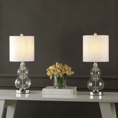 Chrome and Clear Cora Glass Table Lamp Set of 2 With USB Charging Port on white console with flowers
