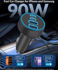 Close-up of 4 Port USB C Car Charger with 90W PD Fast Charging in a car interior, showing USB ports and charge times for iPhone and Samsung.