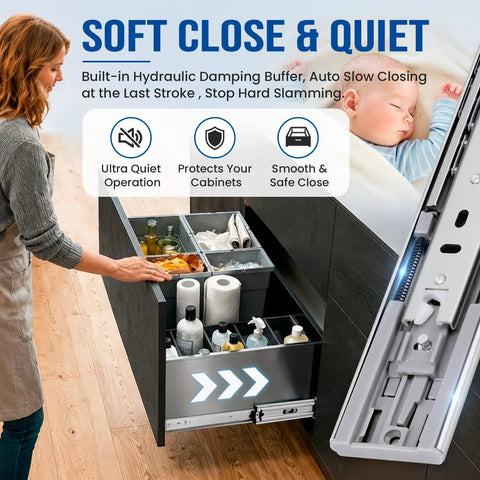Heavy Duty Soft Close Drawer Slides Full Extension Side Mount Runners With Drop Dead Quiet Damping For Wood Cabinetry, showing smooth operation.
