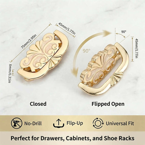 Antique Gold Concealed Flat Pull Cabinet Handles Set Of 2 No Drill Required, vintage hardware with cream enamel, closed and open view