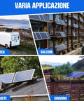 Various applications of 45 Inch Solar Panel Mount Brackets on RVs, balconies, walls, and garden roofs for off-grid setup.