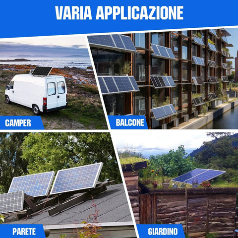 Various applications of 45 Inch Solar Panel Mount Brackets on RVs, balconies, walls, and garden roofs for off-grid setup.