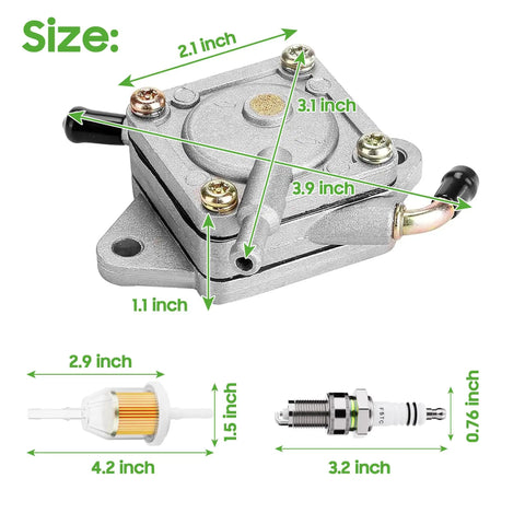 Diagram showing dimensions of Golf Cart Fuel Pump Impulse Kit For Club Car DS And Precedent Gas Models 1984 And Up with filters and spark plug.