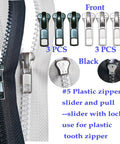 Zipper Repair Kit Size Five Twelve Piece Set With Sliders Top Stops And Bottom Stops For Coats And Jackets No Fuss Easy Quick Fix For Metal Plastic And Nylon Zipper Teeth featuring plastic sliders displayed on black and white zippers.
