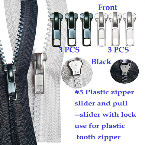 Zipper Repair Kit Size Five Twelve Piece Set With Sliders Top Stops And Bottom Stops For Coats And Jackets No Fuss Easy Quick Fix For Metal Plastic And Nylon Zipper Teeth featuring plastic sliders displayed on black and white zippers.