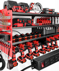 Beefy Power Tool Organizer Wall Mount With Charging Station Four Layer Heavy Duty Metal Shelf Holds 600lbs Battery Rack