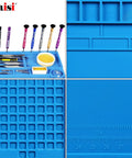 Close-up of Magnetic Silicone Soldering Mat With Ruler And Screw Positions, Heat Resistant To 932 Fahrenheit, various features shown.
