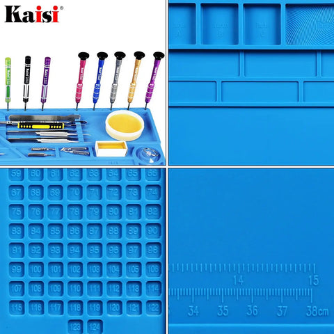 Close-up of Magnetic Silicone Soldering Mat With Ruler And Screw Positions, Heat Resistant To 932 Fahrenheit, various features shown.