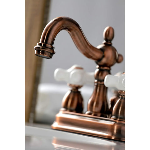 Antique Copper 4-Inch Centerset Bathroom Faucet In Solid Brass With Durable Washerless Cartridge, close-up of spout and handles