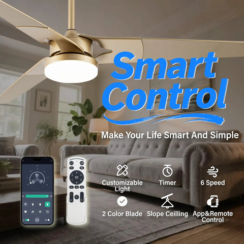 52 Inch Outdoor Wood Ceiling Fan With Lights And Remote, App Control, Timer, Reversible, Stepless Brightness, Gold Finish