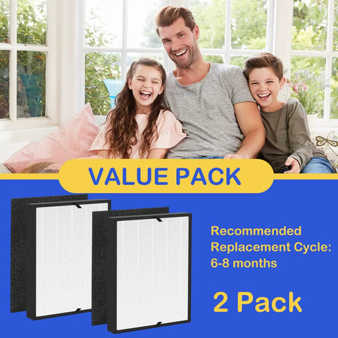 Smiling family at home with Two Pack True HEPA Replacement Filters for BreatheSmart Flex and 45i Purifiers displayed below.