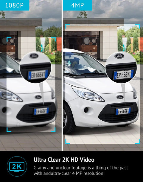 Comparison of 1080P vs 4MP security cam clarity with car license plate details using Outdoor And Indoor Wired Security Cam With 4MP 2K Clarity IP65 Weatherproof Starlight Sensor 100 Ft Night Vision Motion And Person Detection Two Way Audio With Spotlight US Cloud Access Compatible With Alexa iOS Android And Web.