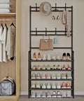 Freestanding Coat Rack And Shoe Organizer With Storage Shelf 4 Tier And 8 Hooks Black Steel For Entryway Bedroom Closet Or Dorm Durable Metal Construction