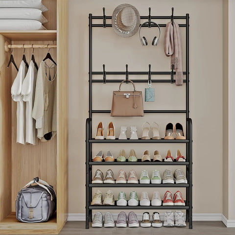 Freestanding Coat Rack And Shoe Organizer With Storage Shelf 4 Tier And 8 Hooks Black Steel For Entryway Bedroom Closet Or Dorm Durable Metal Construction