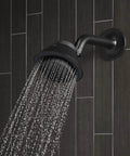 Shower Head With Waterproof Bluetooth Speaker 1.75 GPM Matte Black High Pressure Shower Head With Harman Kardon IPX7 Speaker For Hands Free Music And Dope Shower Beats streaming water in modern bathroom