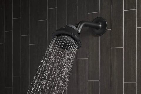 Shower Head With Waterproof Bluetooth Speaker 1.75 GPM Matte Black High Pressure Shower Head With Harman Kardon IPX7 Speaker For Hands Free Music And Dope Shower Beats streaming water in modern bathroom