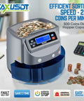 Premium Usd Coin Counter And Automatic Currency Sorting Machine With Fast Five Bin System And High Speed Rolling Capability featuring coins sorted in processing hopper.