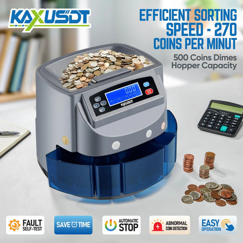 Premium Usd Coin Counter And Automatic Currency Sorting Machine With Fast Five Bin System And High Speed Rolling Capability featuring coins sorted in processing hopper.