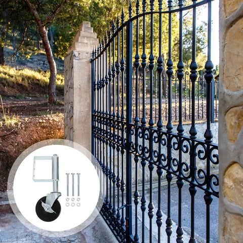 Heavy Duty Gate Caster Set With Spring Loaded Shock Absorbing Wheel For Gates And Fences, 75Kg Load Capacity, shown next to iron gate