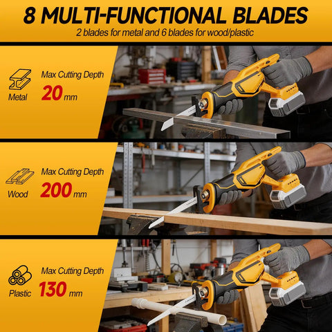 Cordless Reciprocating Saw Bare Tool Compatible With 20V Max Batteries, Brushless Sawzall With 8 Blades in use on metal, wood, PVC