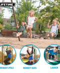 Kids playing on Outdoor Monkey Bar Adventure Swing Set With Three Belt Swings, Trapeze Bar With Gym Rings, Fireman Pole, Nine Foot Wavy Slide, Monkey Bars, UV Resistant Powder Coated Steel, Durable Backyard Playground For Kids