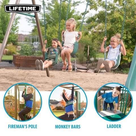 Kids playing on Outdoor Monkey Bar Adventure Swing Set With Three Belt Swings, Trapeze Bar With Gym Rings, Fireman Pole, Nine Foot Wavy Slide, Monkey Bars, UV Resistant Powder Coated Steel, Durable Backyard Playground For Kids