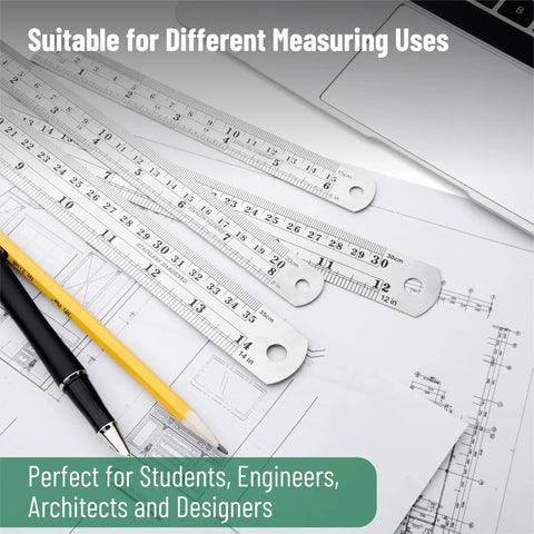 Metal Straight Edge Ruler Set With 4 Stainless Steel Rulers In 6 Inch, 8 Inch, 12 Inch And 14 Inch For Your Drafting, Drawing, And DIY Projects, Imperial And Metric Measurements With 1/64 Inch And 1/20 Cm Etched Marks