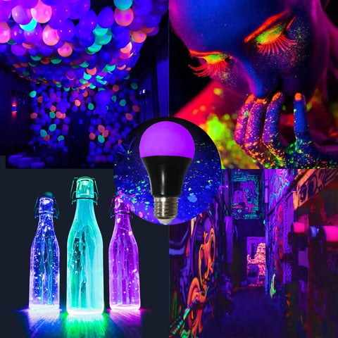 8W UV LED Black Light Bulbs A19 E26 Pack Of 2 For Glow In The Dark Neon Party Vibes Body Paint Fluorescent Posters And Pet Stains UVA 385-400nm Energy Saving Long Lasting