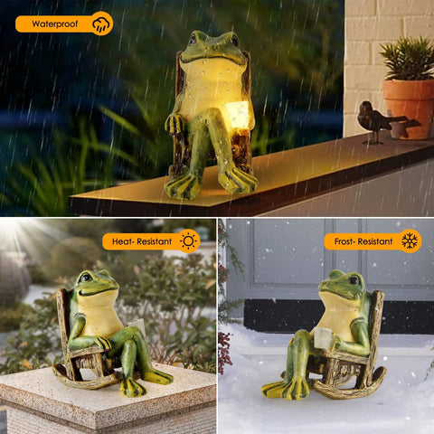 Mini Frog Garden Statue With Solar Lights on patio ledge at night in rain, green resin, 3.89 x 2.36 x 3.93 inches