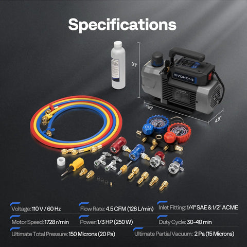 A2L Compatible Vacuum Pump Kit With 1/3 HP Motor 4.5 CFM 1 Stage And Manifold Gauge Set For HVAC Evacuation Sparkless IgnitionProof Safe For R32 R1234yf R454B Systems, with hoses and fittings