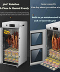 Rock Solid Stainless Steel Food Dehydrator With 360 Degree Spin Cycle For Flawless Air Circulation showing large capacity and stainless steel hooks.
