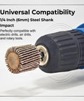 50 Pack 1 Inch Flap Wheel Sander Set, 80 Grit Aluminum Oxide Wheels for Drill showing universal 1/4 inch shank fitting