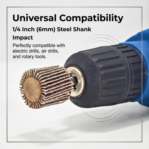 50 Pack 1 Inch Flap Wheel Sander Set, 80 Grit Aluminum Oxide Wheels for Drill showing universal 1/4 inch shank fitting