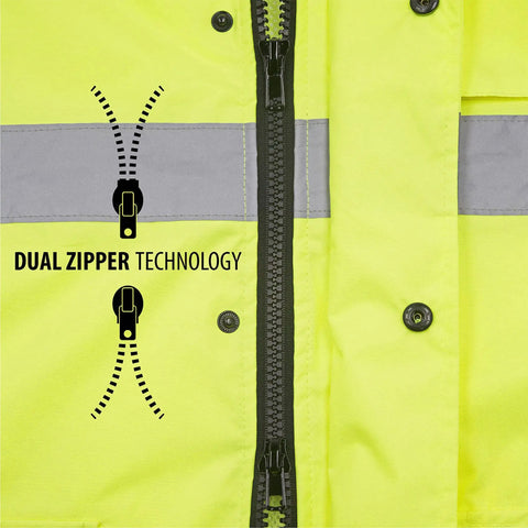 Hi Vis Waterproof Rain Jacket With Mesh Lining ANSI Class 3 Type R showing dual zipper technology detail