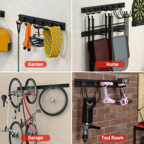 Garage Tool Organizer Wall Mount System With 64 Inch Rails And Eight Heavy Duty Adjustable Hooks for garden, home, garage, tool room