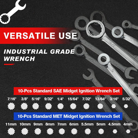 Compact 20-Piece Wrench Set With Metric And SAE Sizes Open End And Box End, featuring industrial grade, labeled size chart.